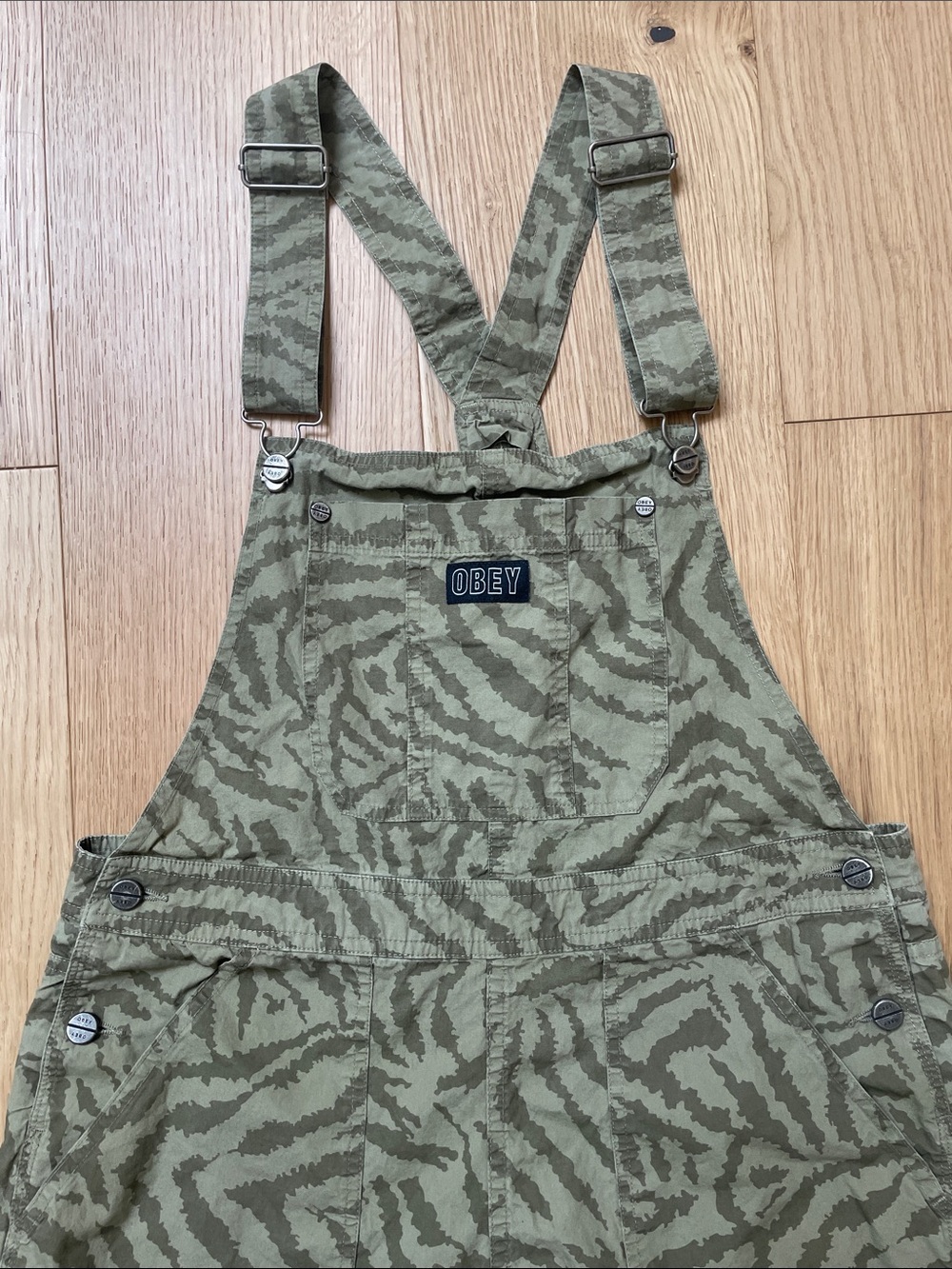 Obey Green Tiger-Stripe Utility Overalls